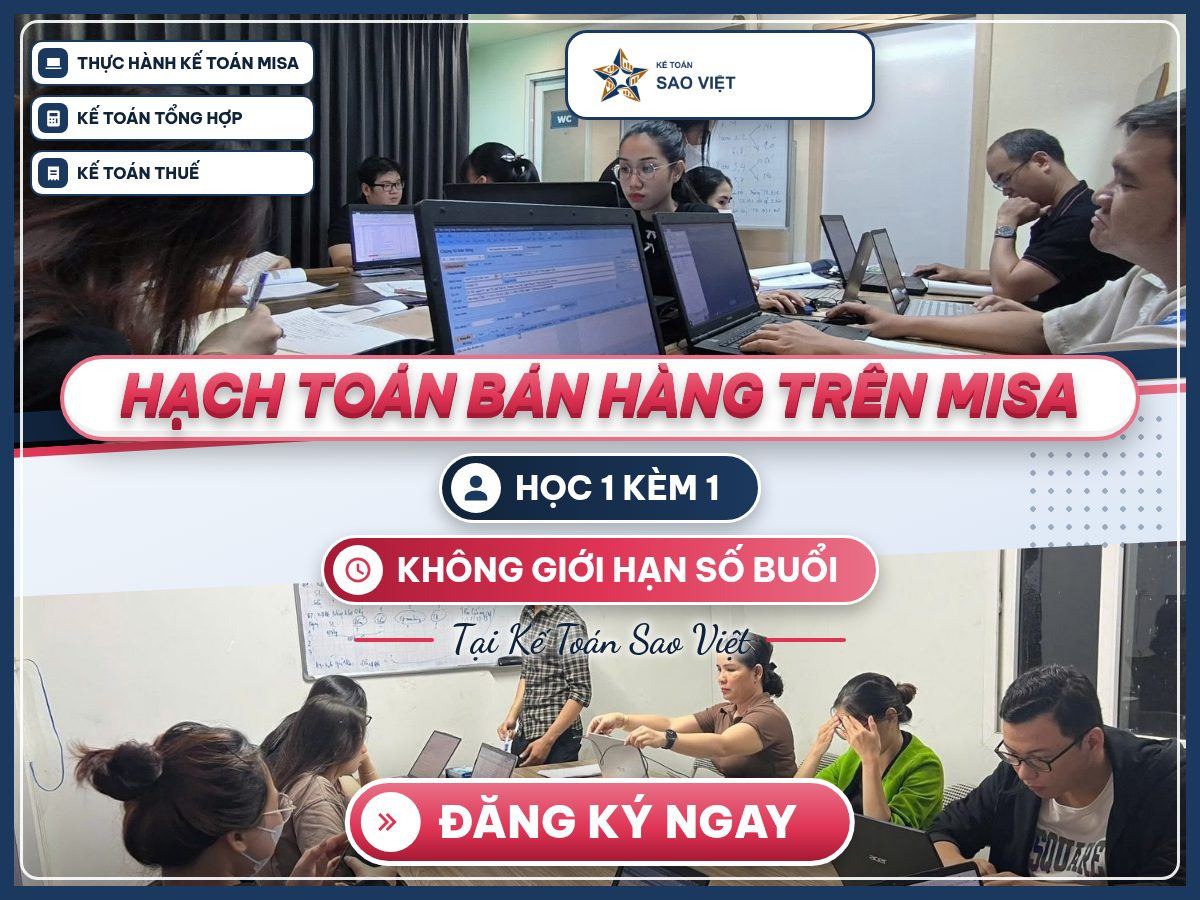 Poster Hạch toán bán hàng trên MISA, ảnh lớp học thật với giảng viên hướng dẫn và học viên thực hành trên laptop.