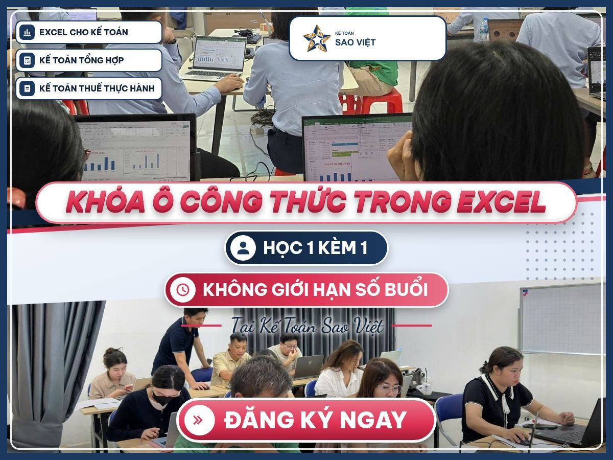 Poster Khóa ô công thức trong Excel, ảnh lớp học thật trên laptop, giới thiệu cách khóa ô công thức trong Excel.