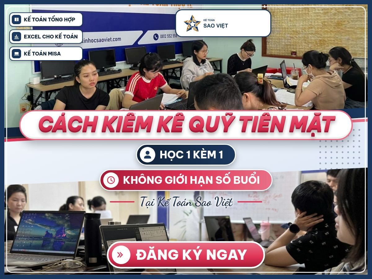 Poster Cách kiểm kê quỹ tiền mặt với ảnh lớp học thật, học viên đọc chứng từ và thực hành kế toán trên laptop.