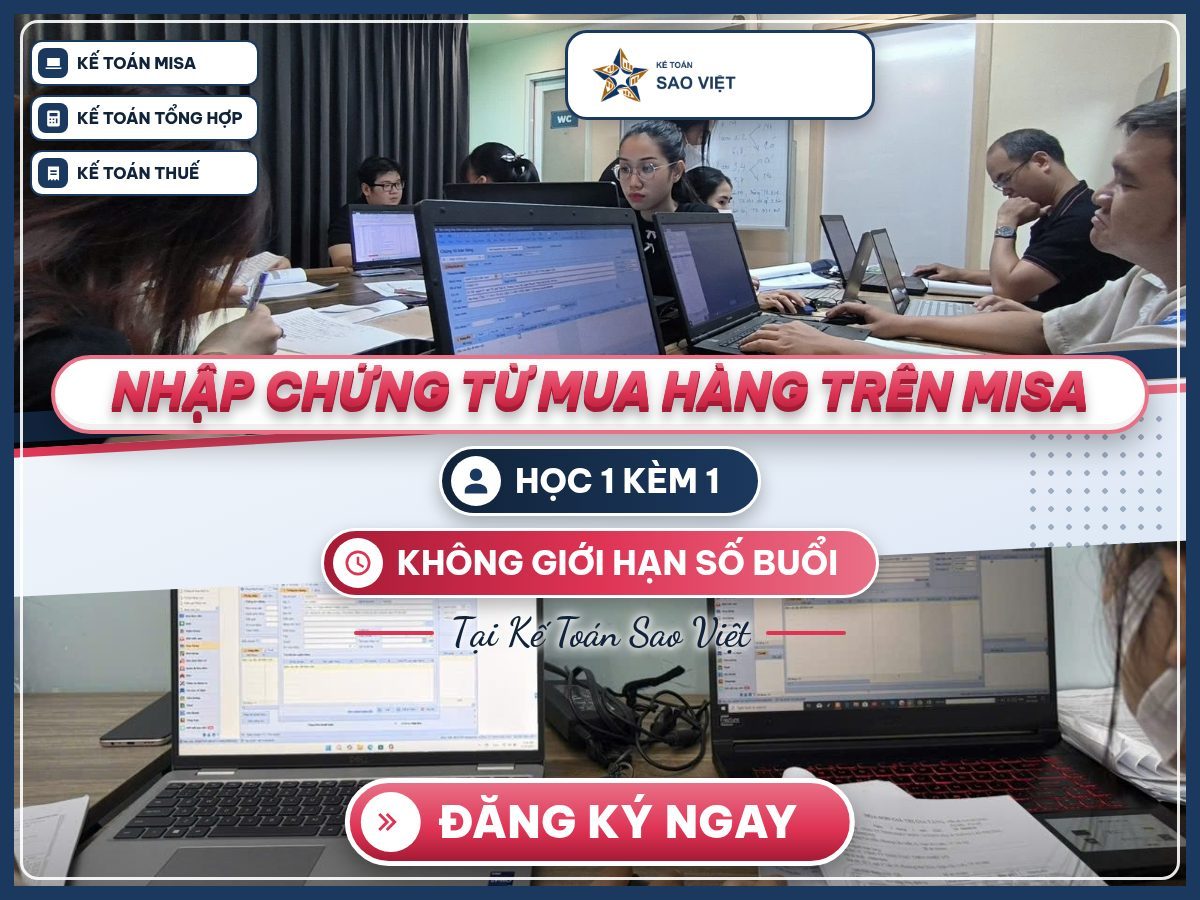 Poster cách nhập chứng từ mua hàng trên MISA với ảnh lớp học thật, học viên dùng phần mềm và chứng từ giấy.