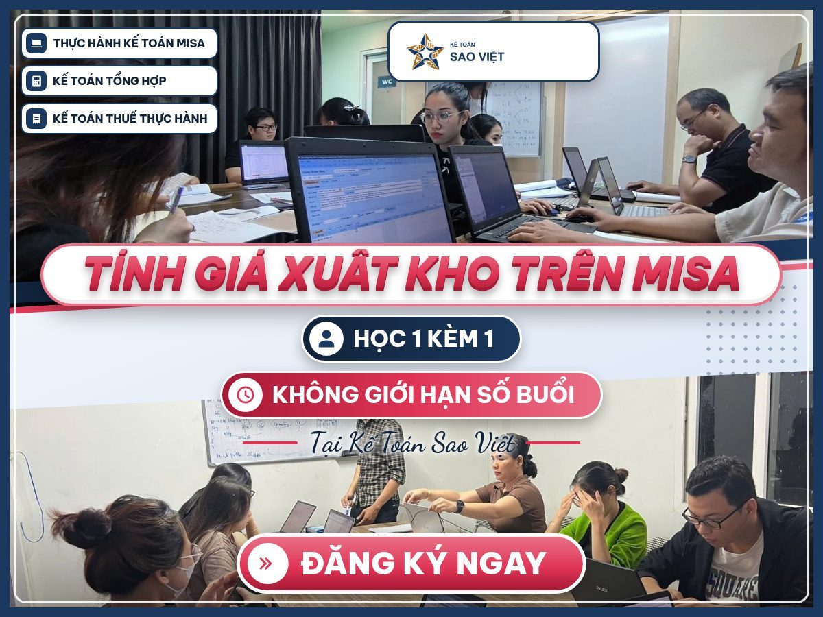 Poster Tính giá xuất kho trên MISA, ảnh lớp học thật với giảng viên và học viên thực hành cách tính giá xuất kho trên MISA.