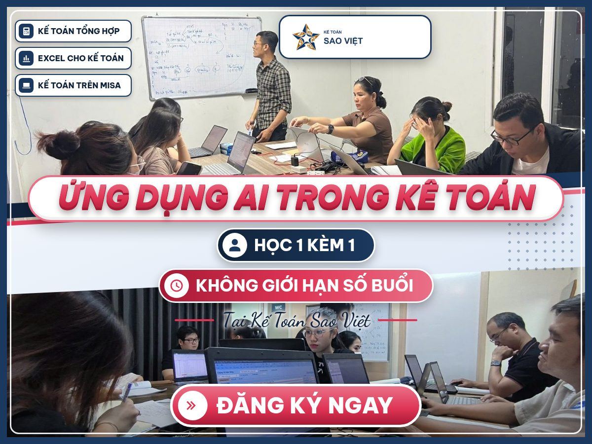 Poster Ứng dụng AI trong kế toán với ảnh lớp học thật, giảng viên hướng dẫn và học viên thực hành trên laptop.